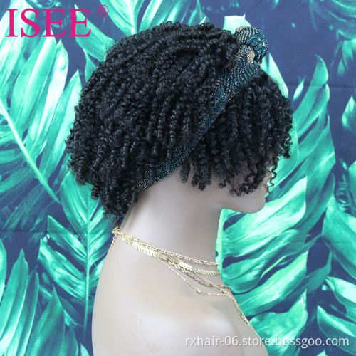 ISEE Hot Selling Short Afro Virgin Hair Half Puff Wrap Wig, Pineapple Human Hair Drawstring Wrap Scarf Headband Wig With Bangs